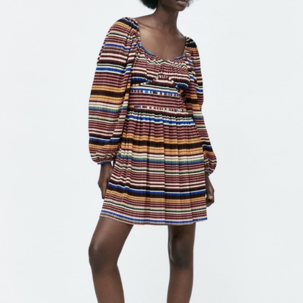 Zara Multicolored Pleated Babydoll Mini Dress Medium